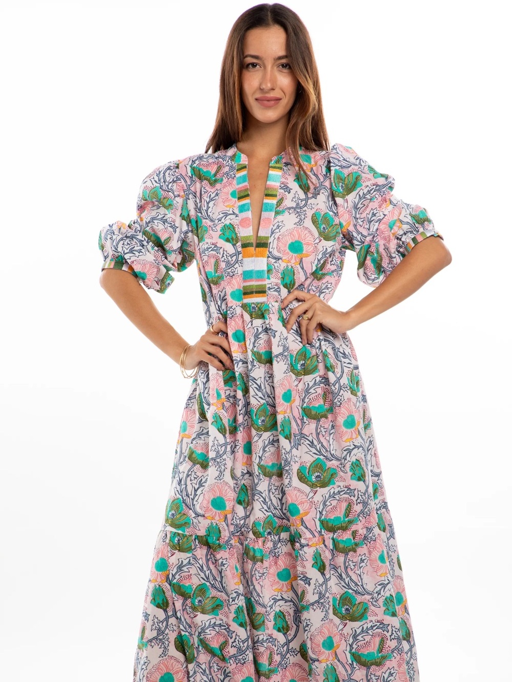Floral Pink Maxi Dress with Green Accents